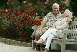 a couple laughing on a bench outside